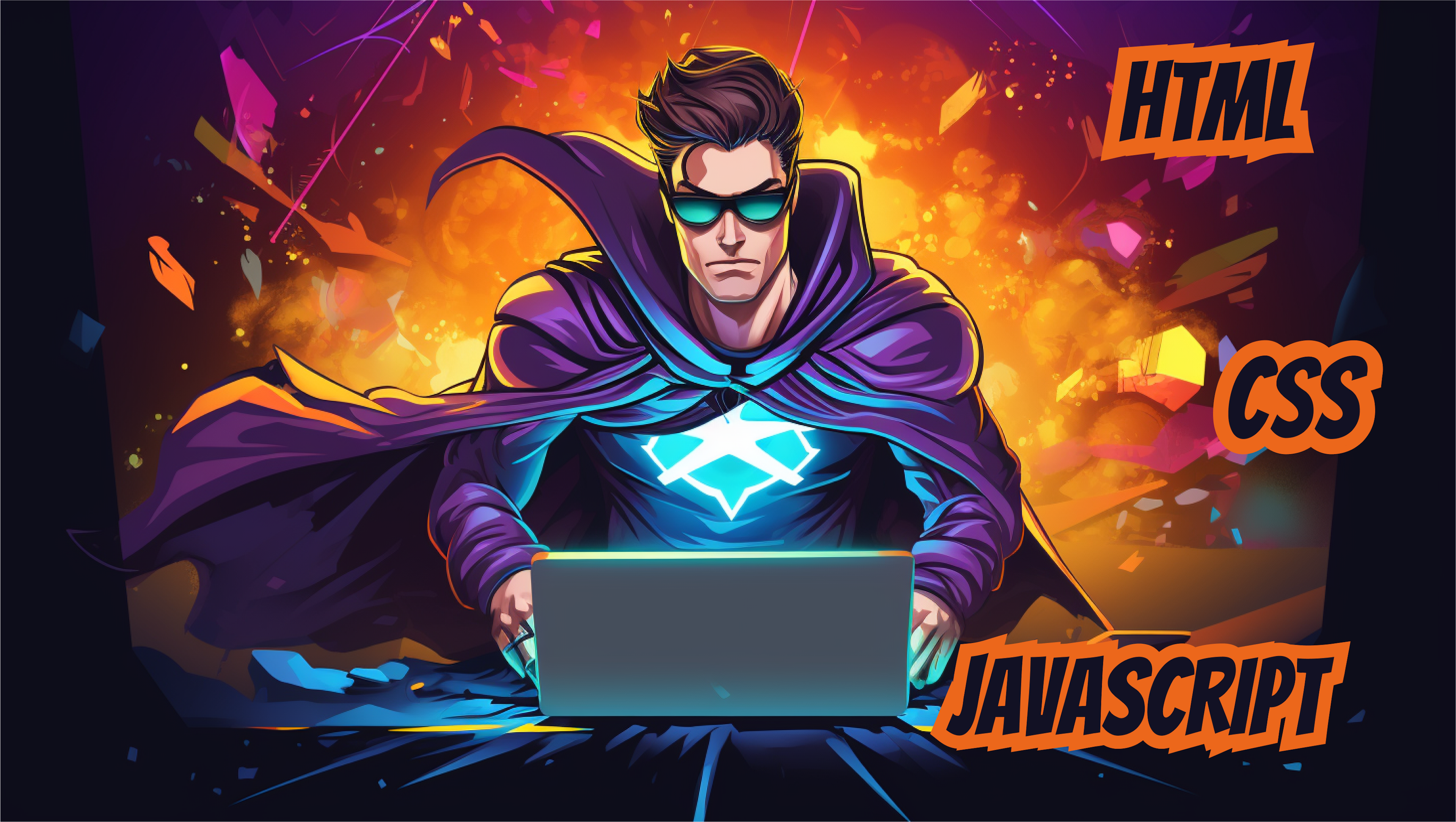 Concept illustration of a web developer, stylized as a superhero, working on a laptop computer.